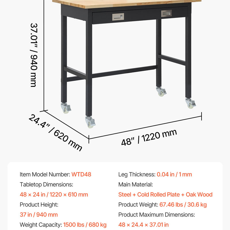 VEVOR darba galds 1220 mm, slodze līdz 680 kg, garāžas darba galds ar atvilktņu uzglabāšanu un riteņiem, darbnīcas galds uz riteņiem ar izturīgu ozolkoka virsmu, piemērots garāžai, darbnīcai, birojam un mājai