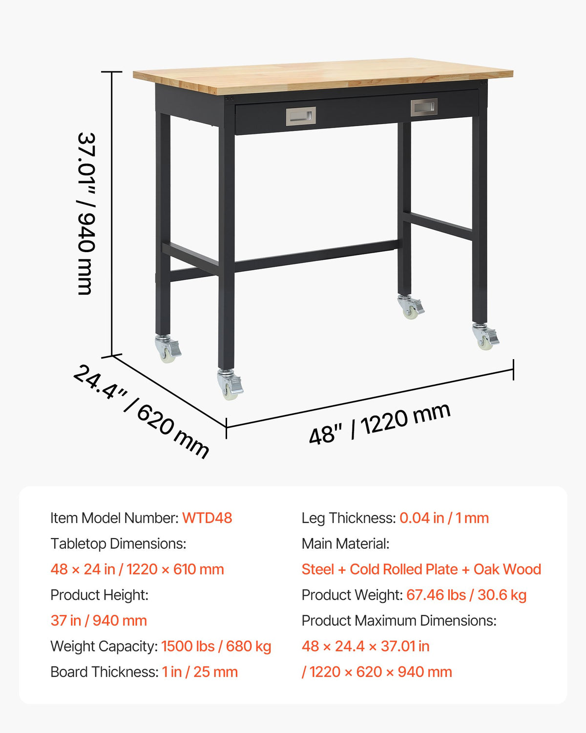 VEVOR darba galds 1220 mm, slodze līdz 680 kg, garāžas darba galds ar atvilktņu uzglabāšanu un riteņiem, darbnīcas galds uz riteņiem ar izturīgu ozolkoka virsmu, piemērots garāžai, darbnīcai, birojam un mājai - ZEMLETES.LV