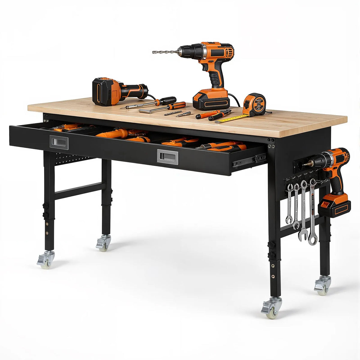 VEVOR regulējams darba galds 1524 mm, slodze līdz 680 kg, darba galds ar atvilktni, elektrības rozeti, riteņiem un perforēto instrumentu paneli, izturīga ozolkoka virsma, piemērots garāžai, darbnīcai, birojam un mājai - ZEMLETES.LV