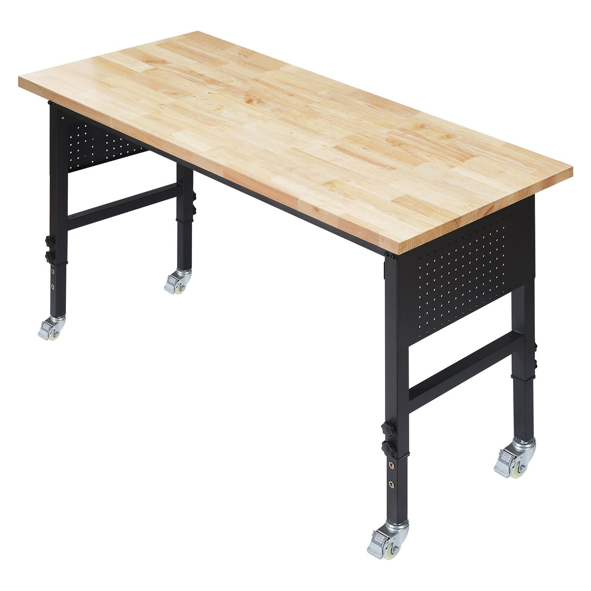 VEVOR regulējams darba galds 1524 mm, slodze līdz 680 kg, darba galds ar atvilktni, elektrības rozeti, riteņiem un perforēto instrumentu paneli, izturīga ozolkoka virsma, piemērots garāžai, darbnīcai, birojam un mājai - ZEMLETES.LV