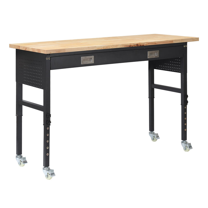 VEVOR regulējams darba galds 1524 mm, slodze līdz 680 kg, darba galds ar atvilktni, elektrības rozeti, riteņiem un perforēto instrumentu paneli, izturīga ozolkoka virsma, piemērots garāžai, darbnīcai, birojam un mājai - ZEMLETES.LV