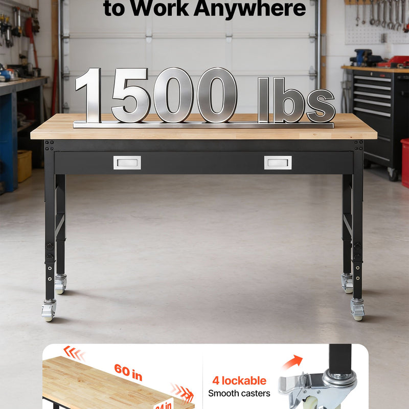 VEVOR regulējams darba galds 1524 mm, slodze līdz 680 kg, darba galds ar atvilktni, elektrības rozeti, riteņiem un perforēto instrumentu paneli, izturīga ozolkoka virsma, piemērots garāžai, darbnīcai, birojam un mājai - ZEMLETES.LV