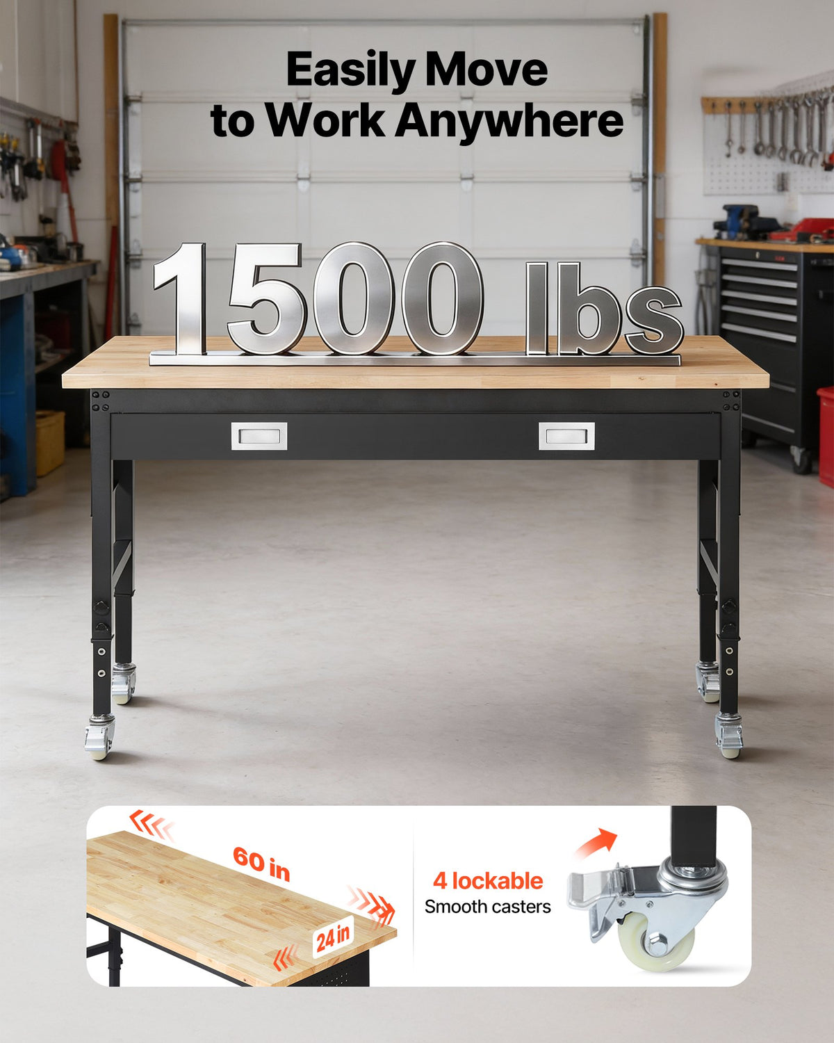 VEVOR regulējams darba galds 1524 mm, slodze līdz 680 kg, darba galds ar atvilktni, elektrības rozeti, riteņiem un perforēto instrumentu paneli, izturīga ozolkoka virsma, piemērots garāžai, darbnīcai, birojam un mājai - ZEMLETES.LV