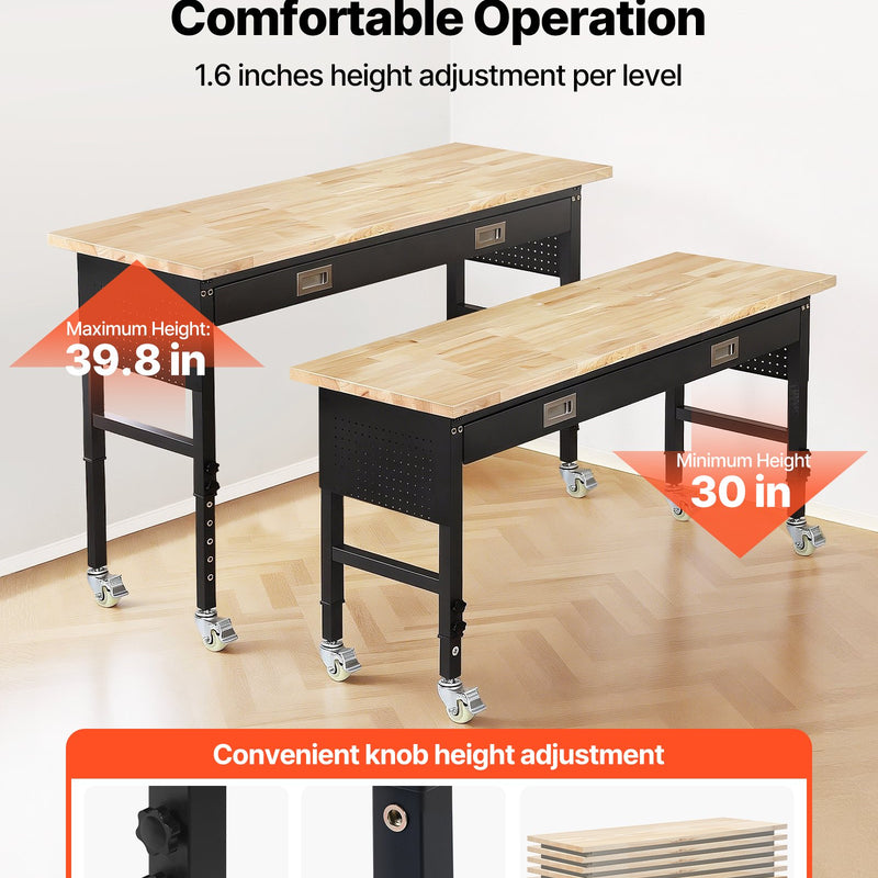 VEVOR regulējams darba galds 1524 mm, slodze līdz 680 kg, darba galds ar atvilktni, elektrības rozeti, riteņiem un perforēto instrumentu paneli, izturīga ozolkoka virsma, piemērots garāžai, darbnīcai, birojam un mājai - ZEMLETES.LV