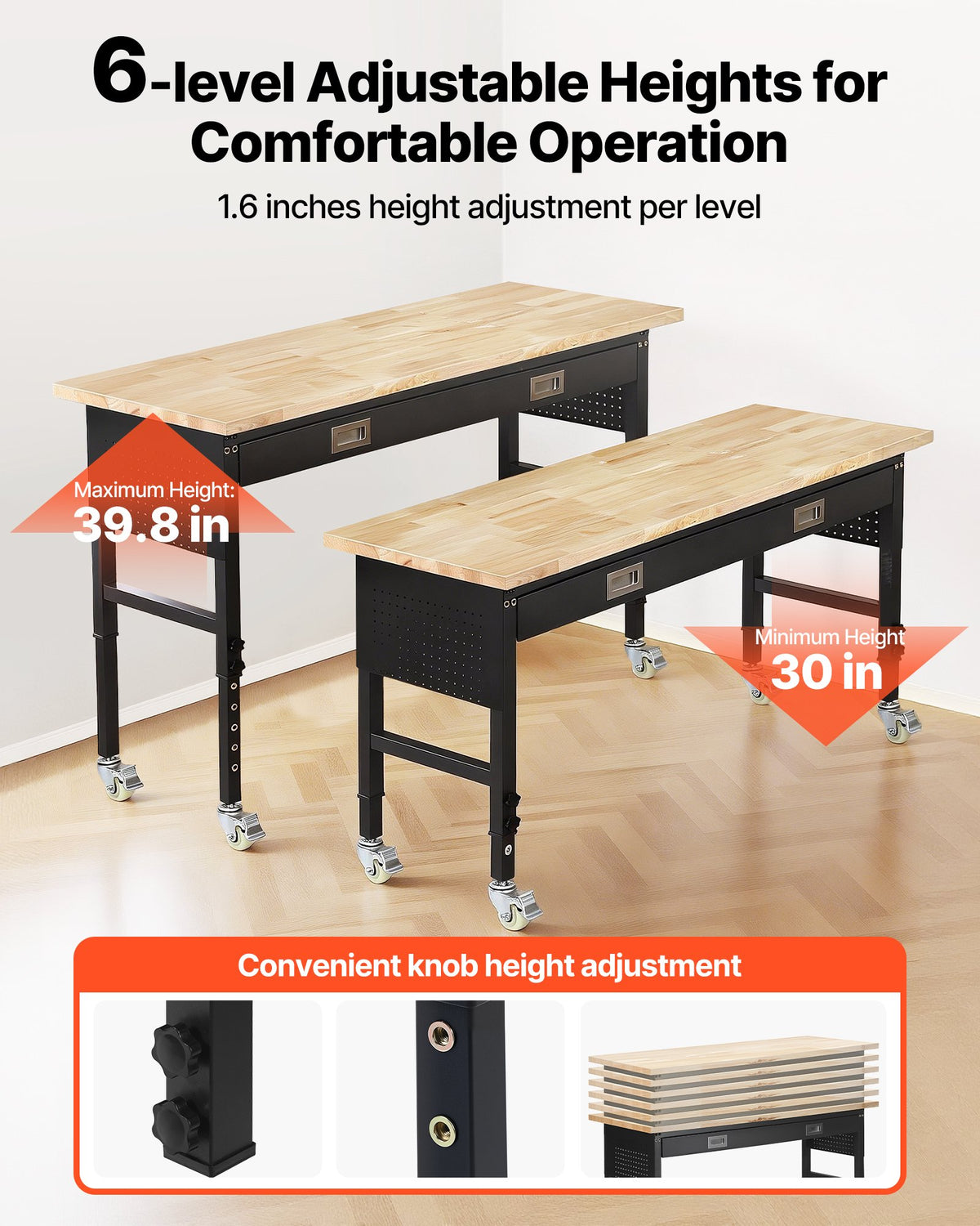 VEVOR regulējams darba galds 1524 mm, slodze līdz 680 kg, darba galds ar atvilktni, elektrības rozeti, riteņiem un perforēto instrumentu paneli, izturīga ozolkoka virsma, piemērots garāžai, darbnīcai, birojam un mājai - ZEMLETES.LV