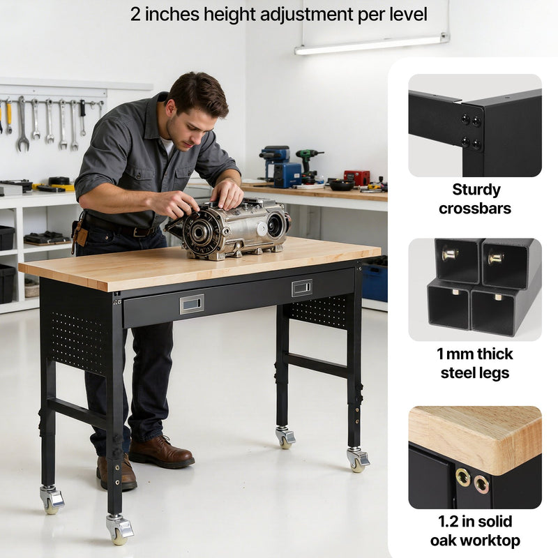 VEVOR regulējams darba galds 1524 mm, slodze līdz 680 kg, darba galds ar atvilktni, elektrības rozeti, riteņiem un perforēto instrumentu paneli, izturīga ozolkoka virsma, piemērots garāžai, darbnīcai, birojam un mājai - ZEMLETES.LV