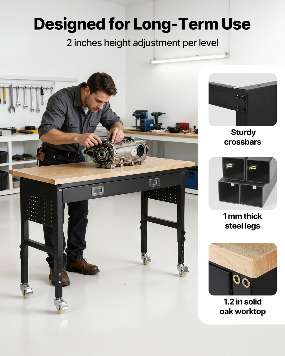 VEVOR regulējams darba galds 1524 mm, slodze līdz 680 kg, darba galds ar atvilktni, elektrības rozeti, riteņiem un perforēto instrumentu paneli, izturīga ozolkoka virsma, piemērots garāžai, darbnīcai, birojam un mājai - ZEMLETES.LV