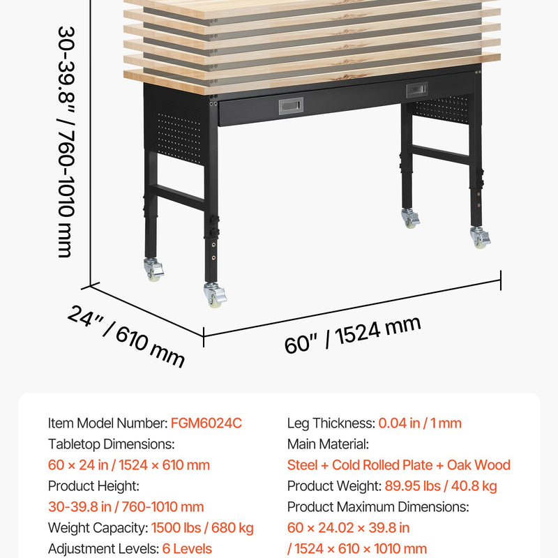 VEVOR regulējams darba galds 1524 mm, slodze līdz 680 kg, darba galds ar atvilktni, elektrības rozeti, riteņiem un perforēto instrumentu paneli, izturīga ozolkoka virsma, piemērots garāžai, darbnīcai, birojam un mājai - ZEMLETES.LV