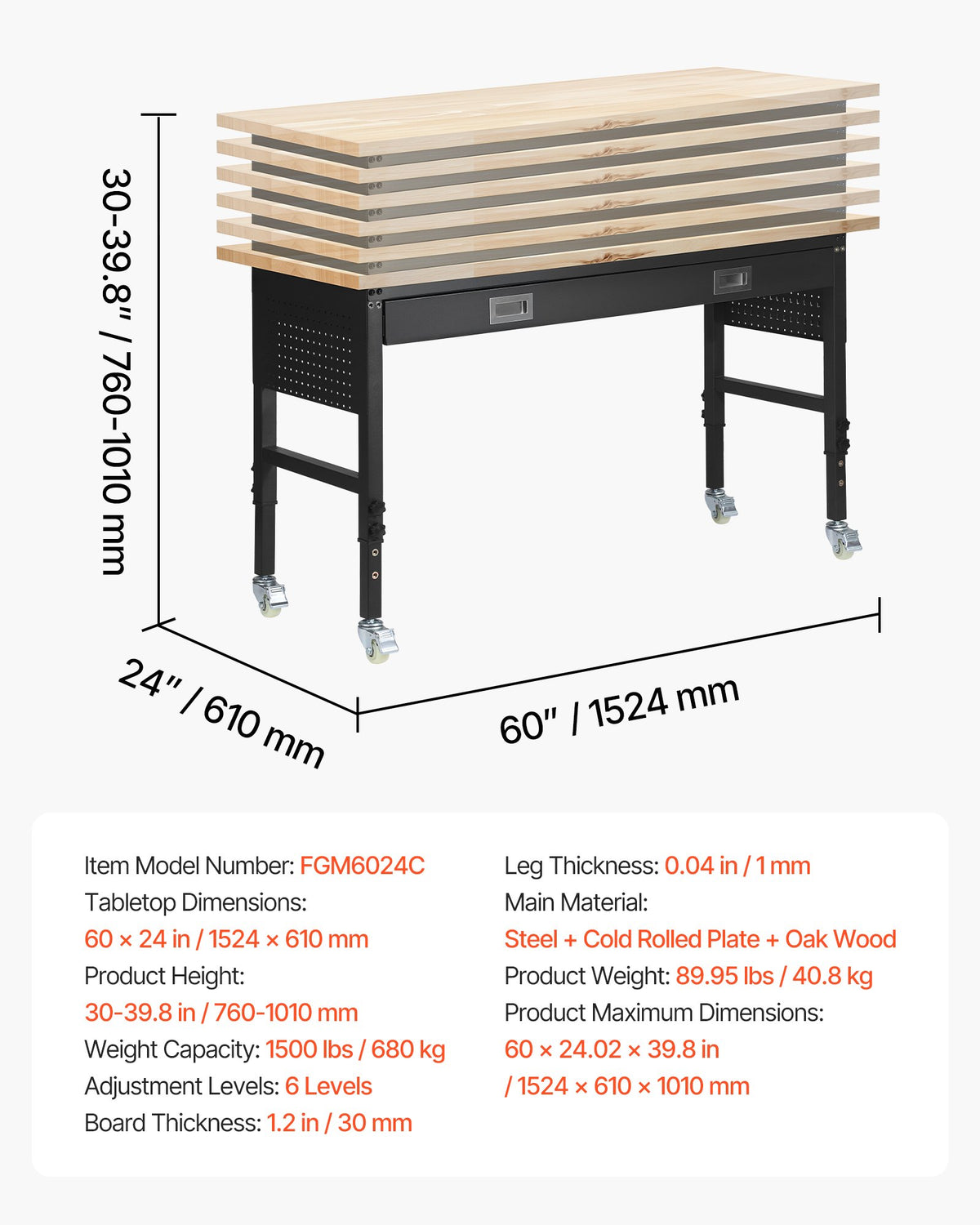 VEVOR regulējams darba galds 1524 mm, slodze līdz 680 kg, darba galds ar atvilktni, elektrības rozeti, riteņiem un perforēto instrumentu paneli, izturīga ozolkoka virsma, piemērots garāžai, darbnīcai, birojam un mājai - ZEMLETES.LV