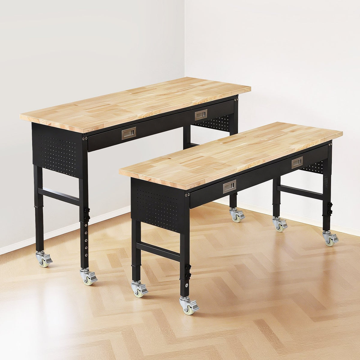 VEVOR regulējams darba galds 1524 mm, slodze līdz 680 kg, darba galds ar atvilktni, elektrības rozeti, riteņiem un perforēto instrumentu paneli, izturīga ozolkoka virsma, piemērots garāžai, darbnīcai, birojam un mājai - ZEMLETES.LV