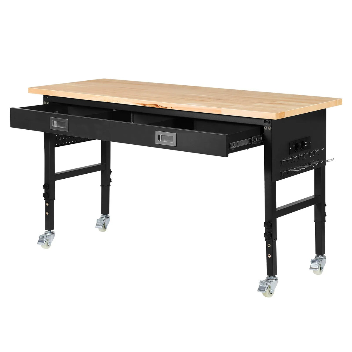 VEVOR regulējams darba galds 1524 mm, slodze līdz 680 kg, darba galds ar atvilktni, elektrības rozeti, riteņiem un perforēto instrumentu paneli, izturīga ozolkoka virsma, piemērots garāžai, darbnīcai, birojam un mājai - ZEMLETES.LV
