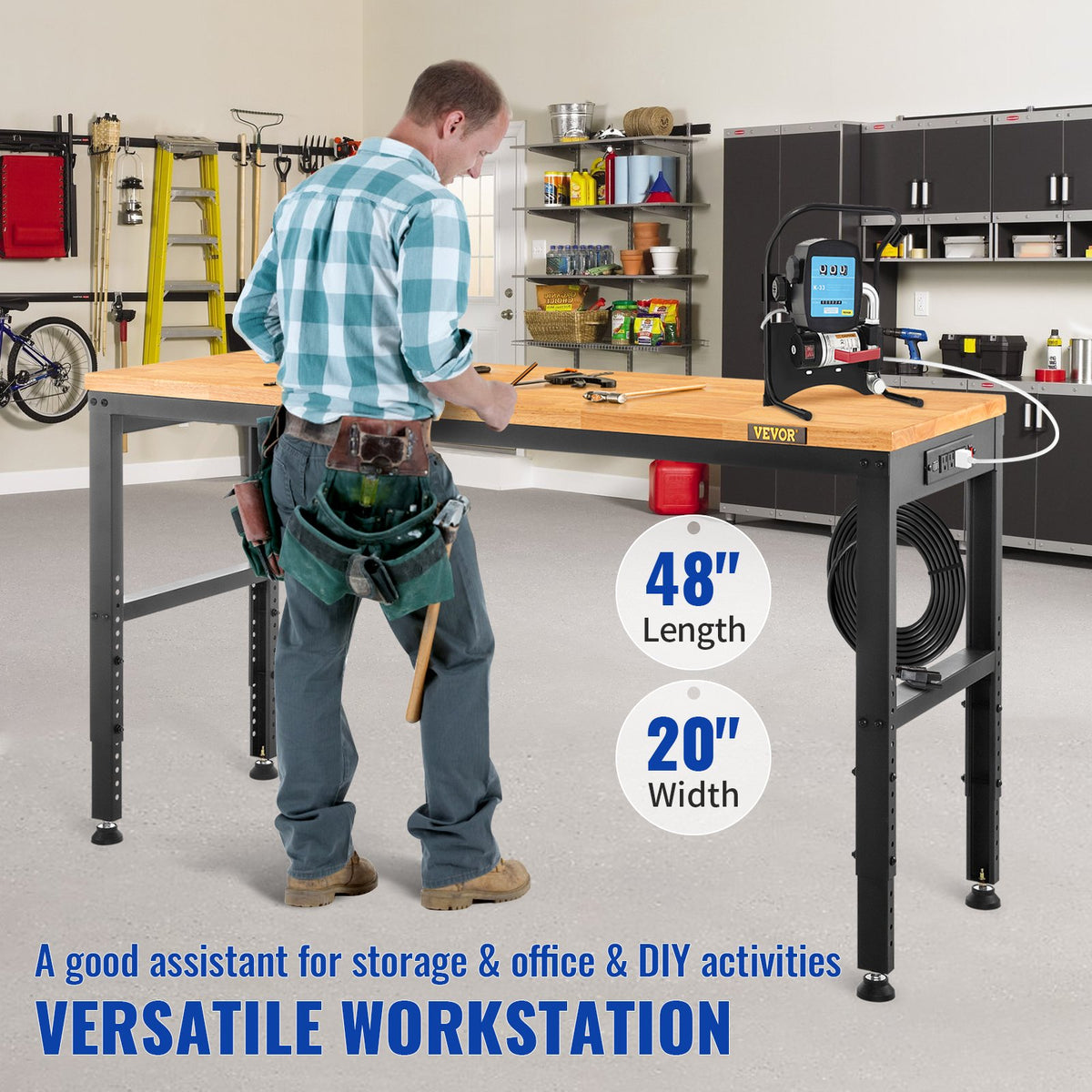 VEVOR darbagalds ar regulējamu augstumu 1220 × 500 mm, ar kontaktligzdu