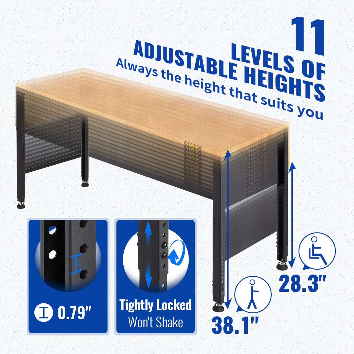 VEVOR darbagalds ar regulējamu augstumu 1220 × 500 mm, ar kontaktligzdu