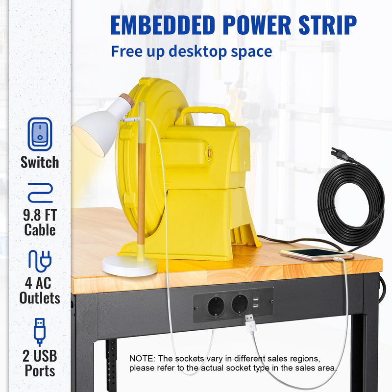 VEVOR augstuma regulējams darba galds, 1219 × 508 mm, ar rozetēm, stabila konstrukcija darbnīcai, birojam vai mājai