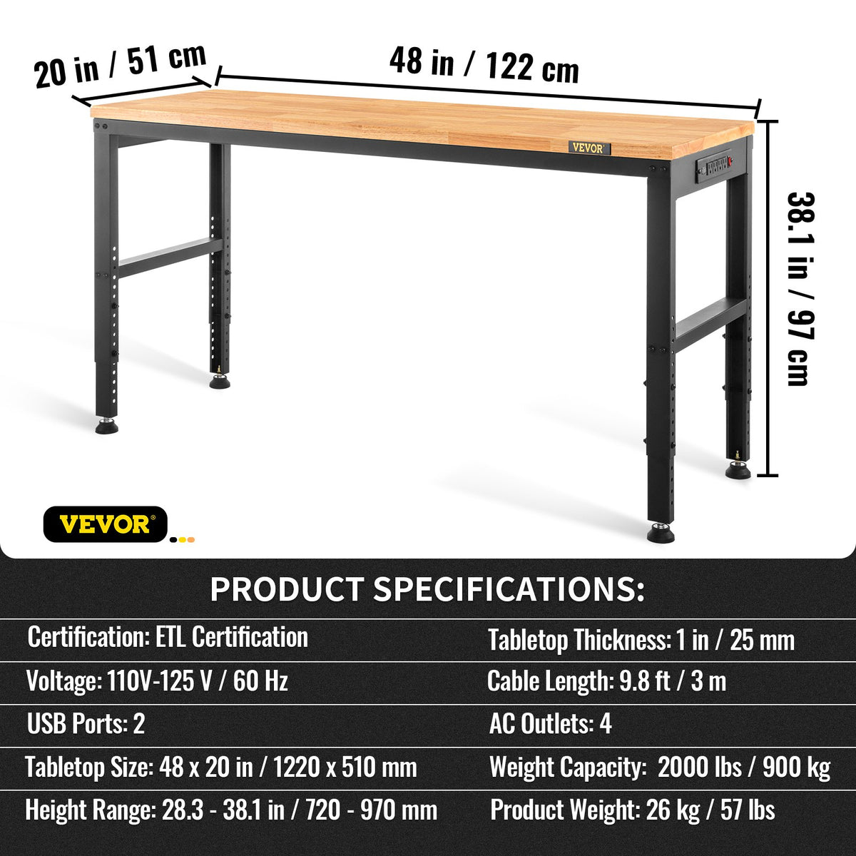 VEVOR darbagalds ar regulējamu augstumu 1220 × 500 mm, ar kontaktligzdu