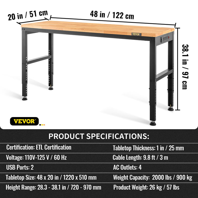 VEVOR darbagalds ar regulējamu augstumu 1220 × 500 mm, ar kontaktligzdu