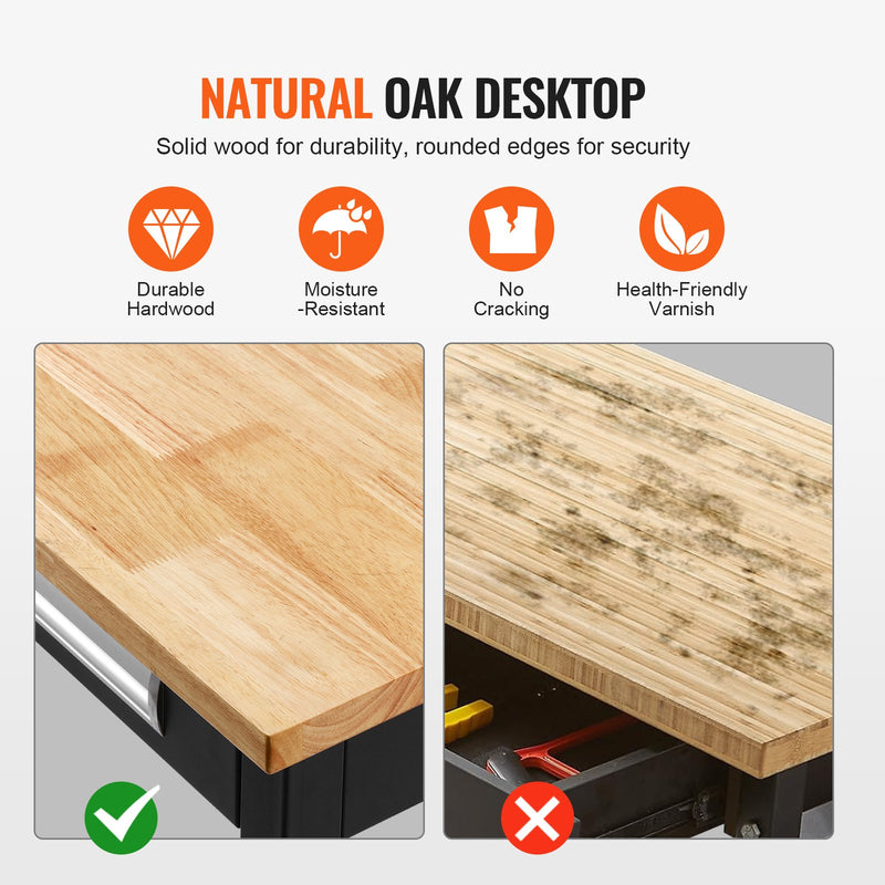 VEVOR darba galds uz riteņiem, 1219 mm, ar koka virsmu un atvilktņu organizatoru, kravnesība 680 kg