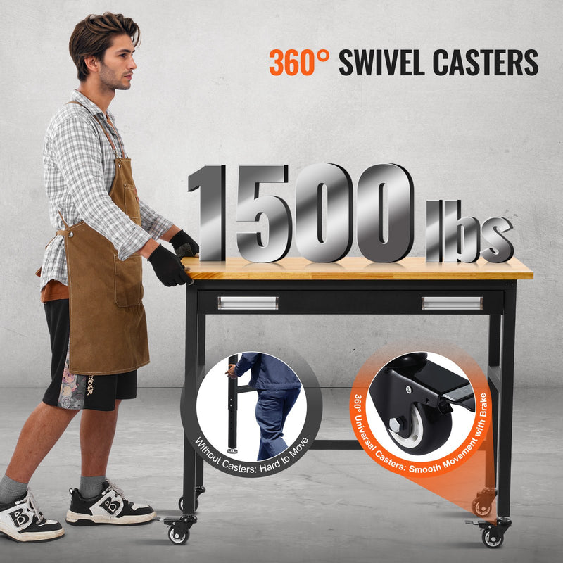 VEVOR darba galds uz riteņiem, 1219 mm, ar koka virsmu un atvilktņu organizatoru, kravnesība 680 kg