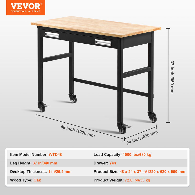 VEVOR 122 x 61 x 94 cm darba galds uz riteņiem, koka virsma ar atvilktni un organizētāju, slodze līdz 680 kg