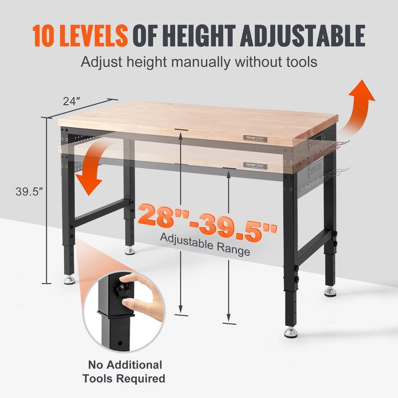 VEVOR regulējams augstuma darba galds 122 cm x 61 cm ar strāvas kontaktligzdu