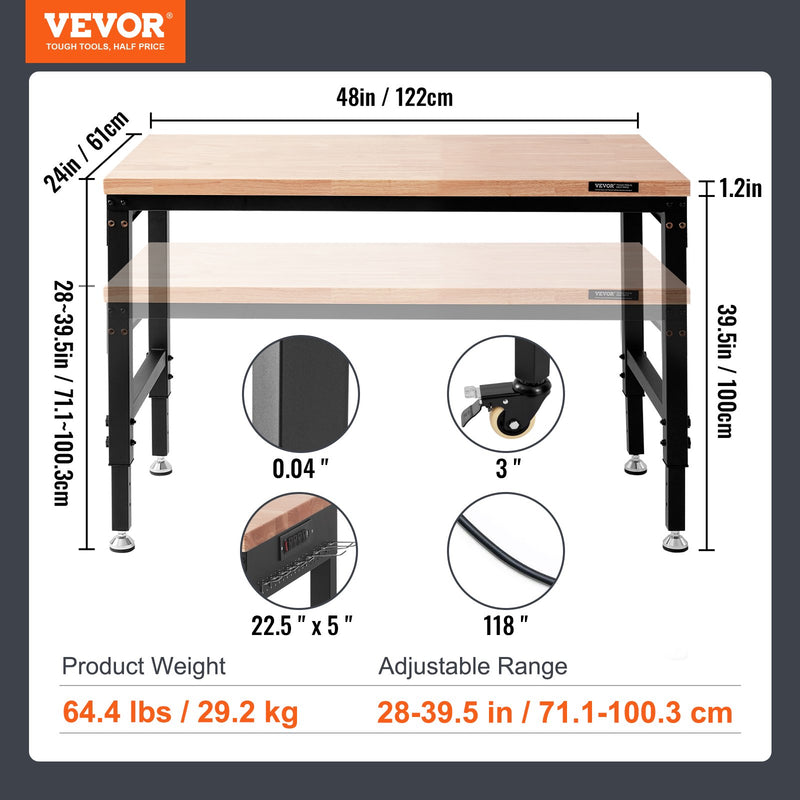 VEVOR regulējams augstuma darba galds 122 cm x 61 cm ar strāvas kontaktligzdu