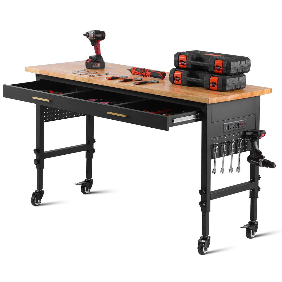 VEVOR 152 x 61 x 106 cm Mobile Work Bench, Adjustable Height, Work Surface with Power Outlet and Drawers