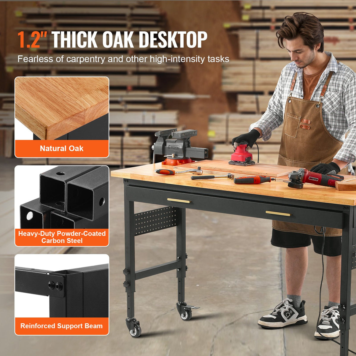 VEVOR 152 x 61 x 106 cm Mobile Work Bench, Adjustable Height, Work Surface with Power Outlet and Drawers