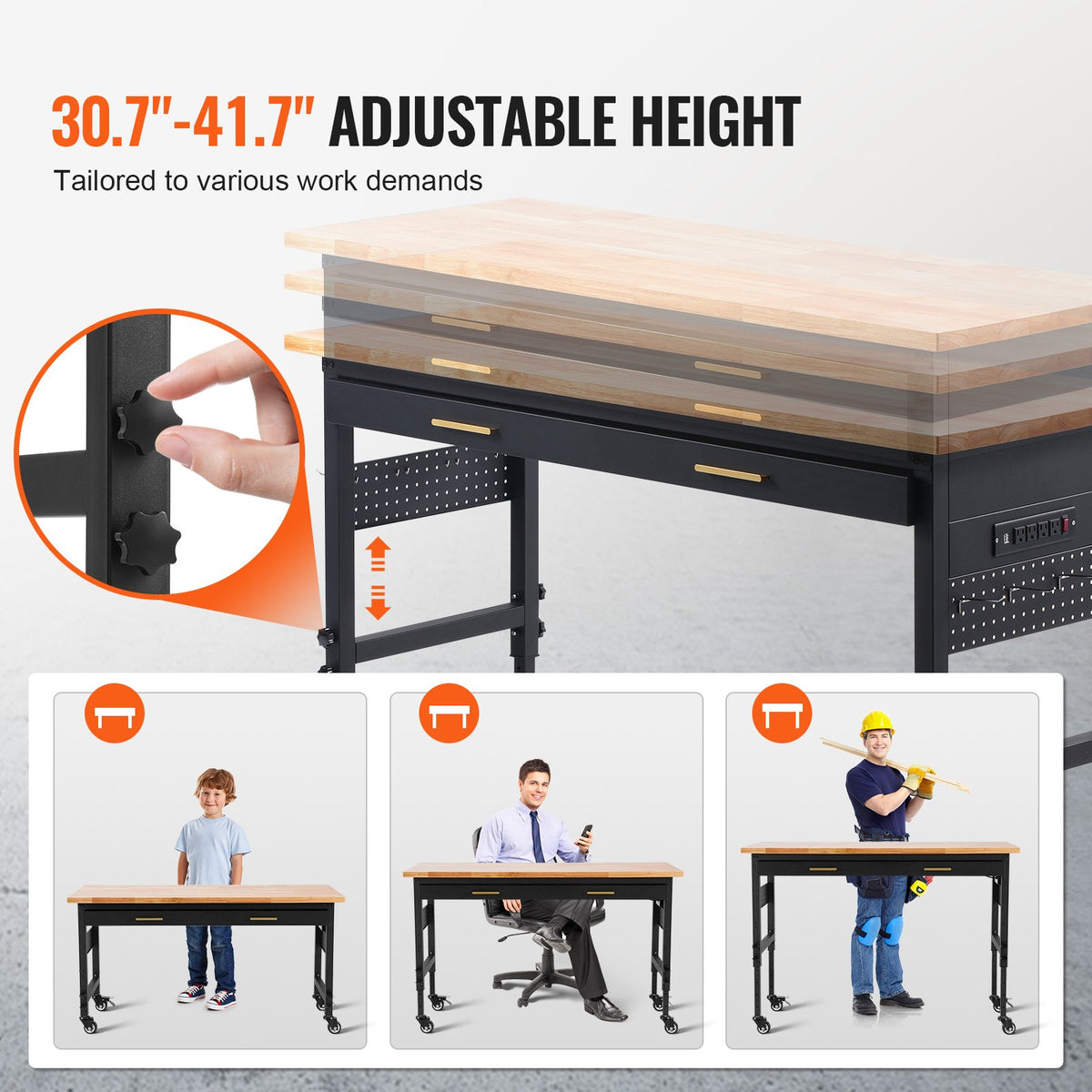 VEVOR 152 x 61 x 106 cm Mobile Work Bench, Adjustable Height, Work Surface with Power Outlet and Drawers