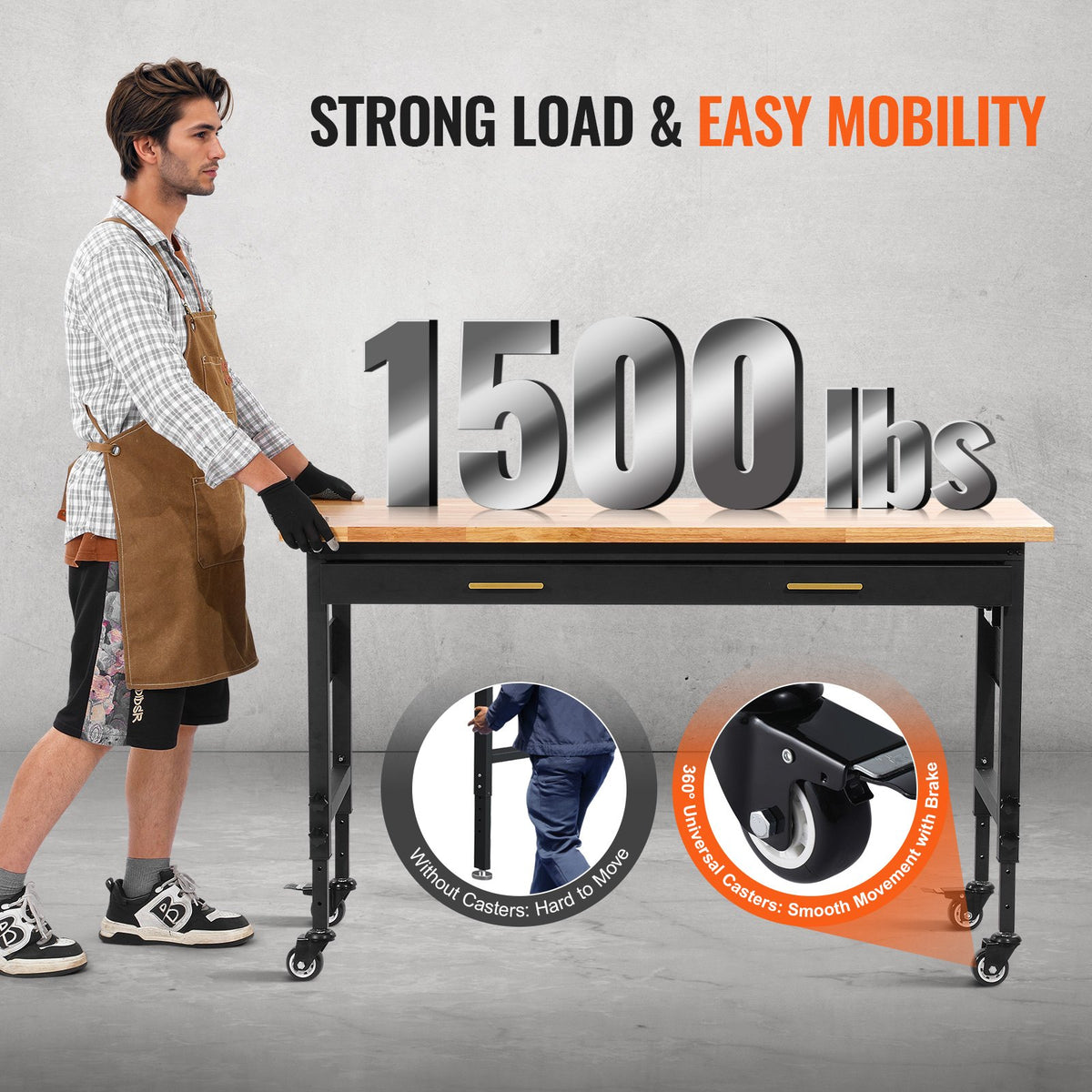 VEVOR 152 x 61 x 106 cm Mobile Work Bench, Adjustable Height, Work Surface with Power Outlet and Drawers