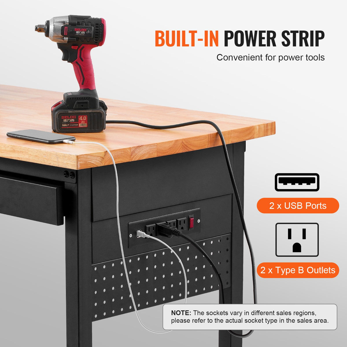VEVOR 152 x 61 x 106 cm Mobile Work Bench, Adjustable Height, Work Surface with Power Outlet and Drawers