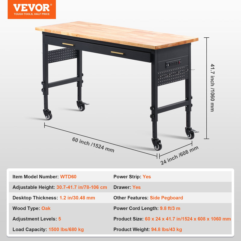 VEVOR 152 x 61 x 106 cm darba galds uz riteņiem, regulējams augstums, galda virsma ar strāvas kontaktligzdu un atvilktnēm