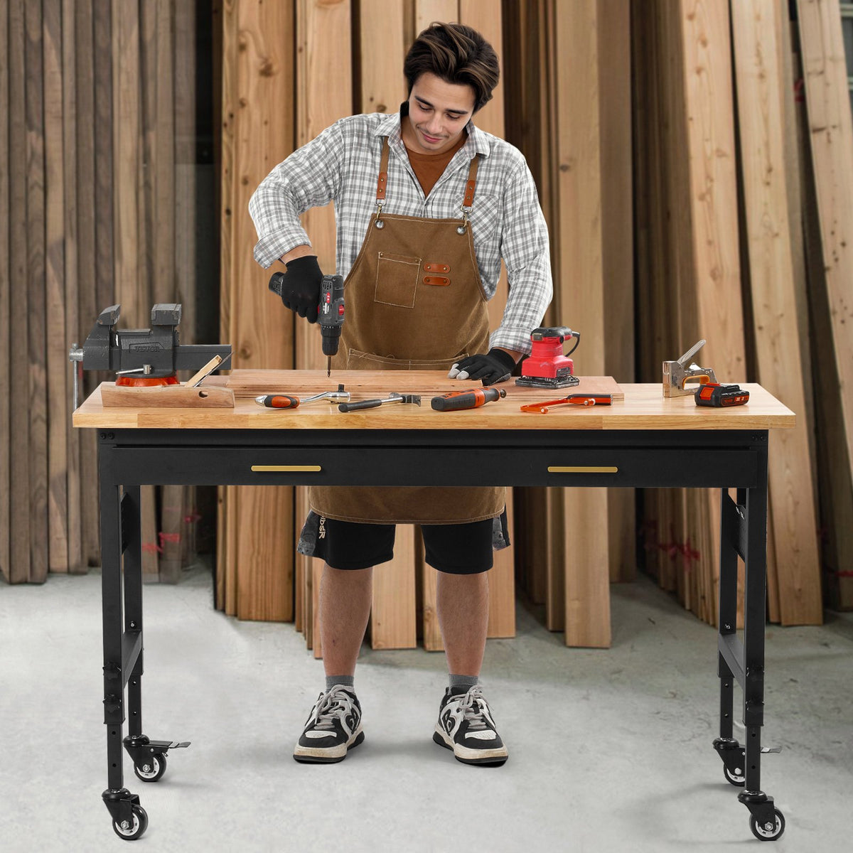 VEVOR 152 x 61 x 106 cm Mobile Work Bench, Adjustable Height, Work Surface with Power Outlet and Drawers