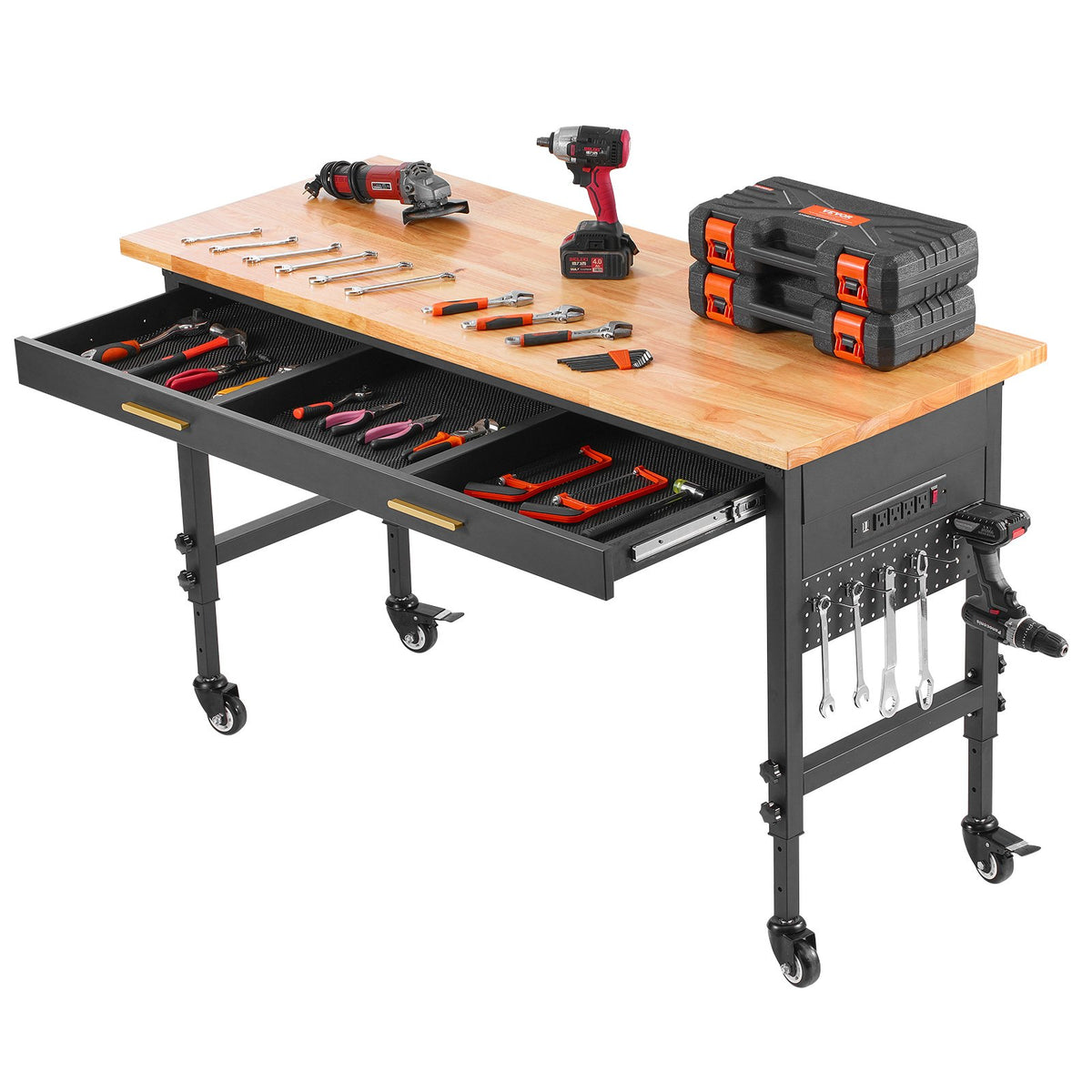 VEVOR 152 x 61 x 106 cm Mobile Work Bench, Adjustable Height, Work Surface with Power Outlet and Drawers