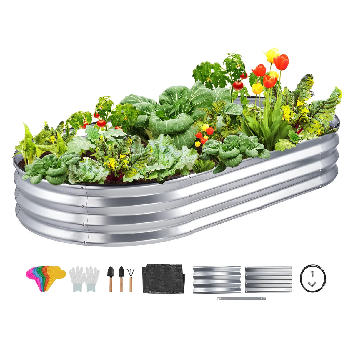 Raised Garden Bed, 183 × 92 × 28 cm Galvanised Metal Planting Box with Open Bottom, Suitable for Growing Flowers, Vegetables and Herbs in Yard, Garden, Terrace or Balcony, Silver