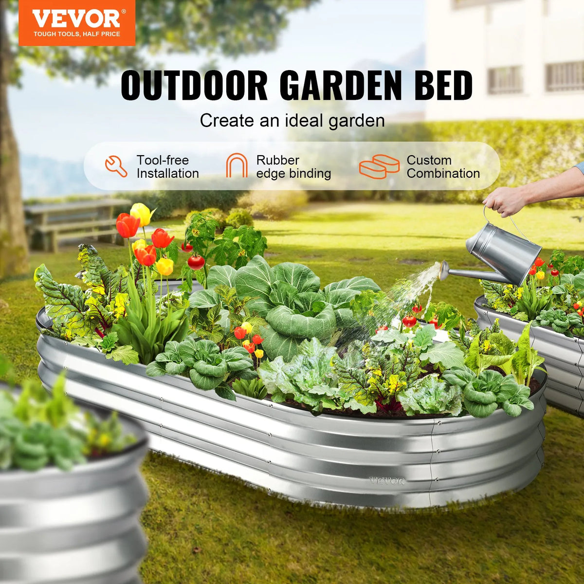 Raised Garden Bed, 183 × 92 × 28 cm Galvanised Metal Planting Box with Open Bottom, Suitable for Growing Flowers, Vegetables and Herbs in Yard, Garden, Terrace or Balcony, Silver