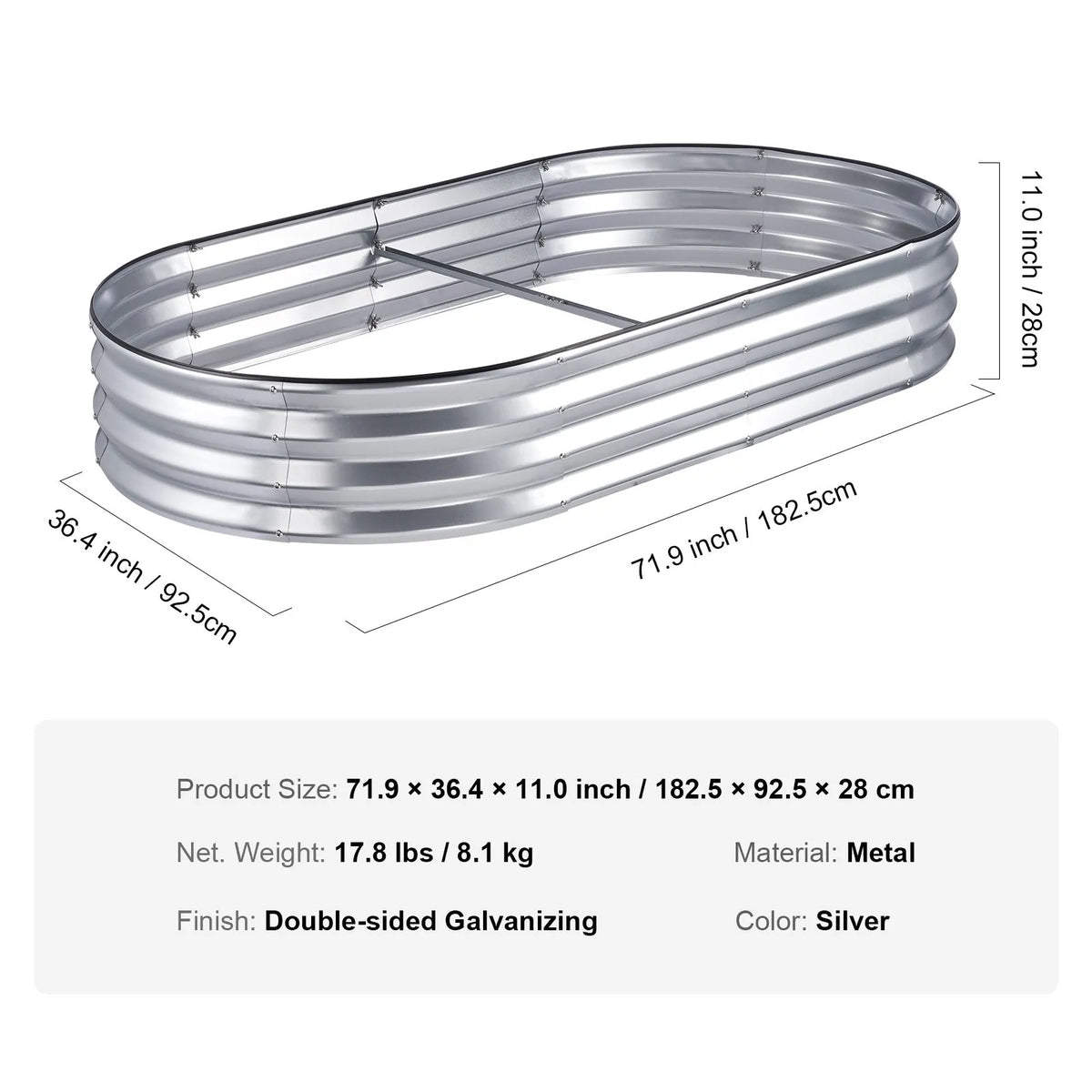 Raised Garden Bed, 183 × 92 × 28 cm Galvanised Metal Planting Box with Open Bottom, Suitable for Growing Flowers, Vegetables and Herbs in Yard, Garden, Terrace or Balcony, Silver