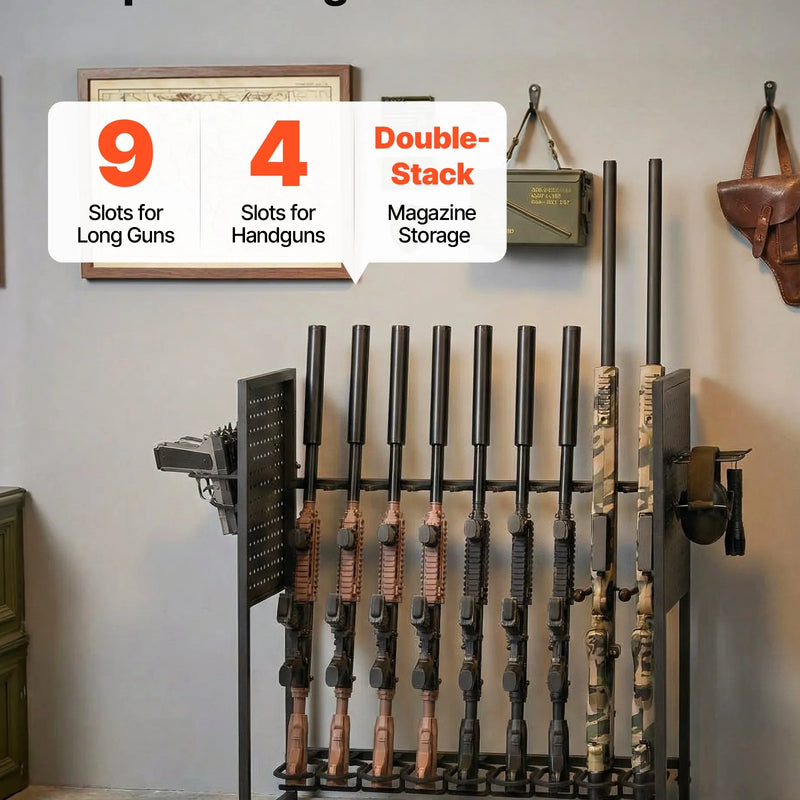 VEVOR tērauda ieroču statīvs brīvi stāvošs, iekštelpu statīvs 9 šautenēm vai bisēm un 4 pistolēm ar magazīnas turētāju, izturīgs uzglabāšanas un eksponēšanas risinājums mājai un garāžai - ZEMLETES.LV