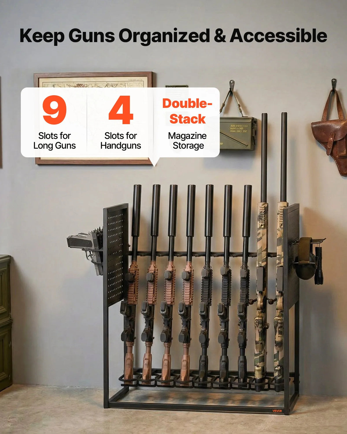 VEVOR tērauda ieroču statīvs brīvi stāvošs, iekštelpu statīvs 9 šautenēm vai bisēm un 4 pistolēm ar magazīnas turētāju, izturīgs uzglabāšanas un eksponēšanas risinājums mājai un garāžai - ZEMLETES.LV