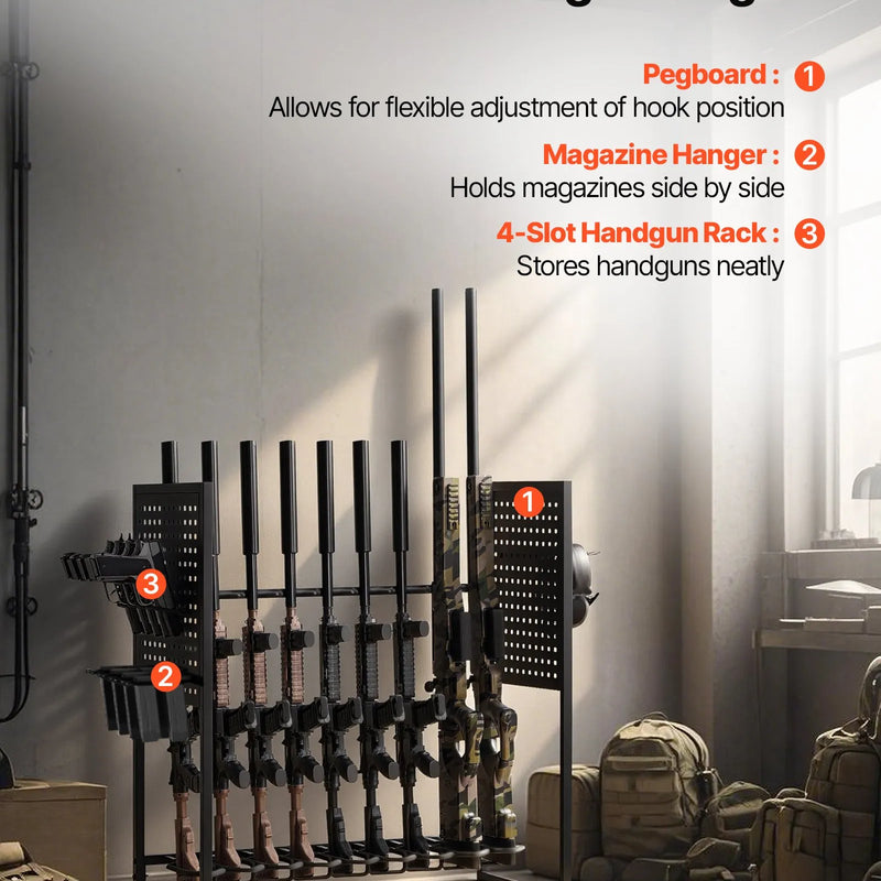 VEVOR tērauda ieroču statīvs brīvi stāvošs, iekštelpu statīvs 9 šautenēm vai bisēm un 4 pistolēm ar magazīnas turētāju, izturīgs uzglabāšanas un eksponēšanas risinājums mājai un garāžai - ZEMLETES.LV