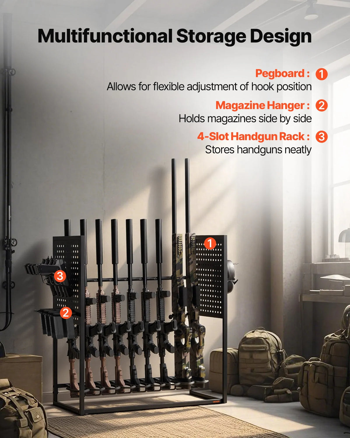 VEVOR tērauda ieroču statīvs brīvi stāvošs, iekštelpu statīvs 9 šautenēm vai bisēm un 4 pistolēm ar magazīnas turētāju, izturīgs uzglabāšanas un eksponēšanas risinājums mājai un garāžai - ZEMLETES.LV