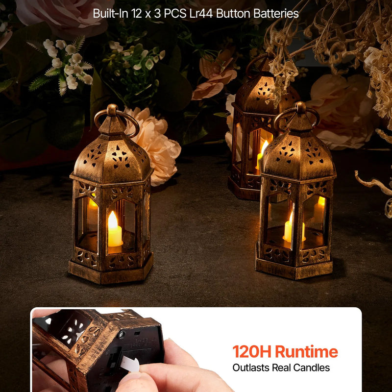 VEVOR dekoratīvās sveču laternas, 12 gab., LED elektriskās bezliesmas sveces, plastmasas LED turētājs ar stiklu, sienas piekarināmas iekštelpu lieveņa laternas, piemērotas kāzu galdiem, ballītēm un lauku stila interjera dekoram, bronzas krāsā