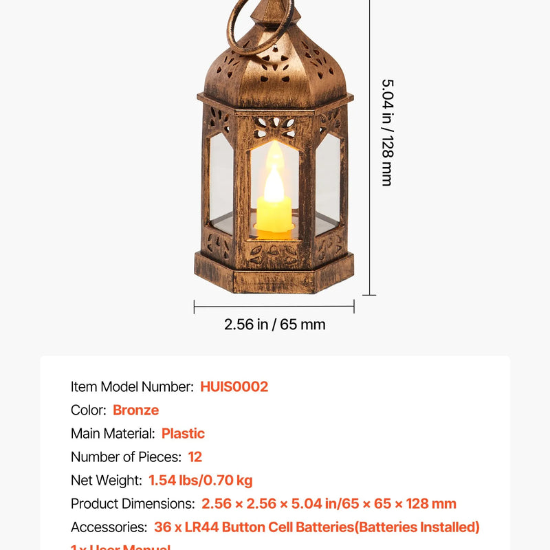 VEVOR dekoratīvās sveču laternas, 12 gab., LED elektriskās bezliesmas sveces, plastmasas LED turētājs ar stiklu, sienas piekarināmas iekštelpu lieveņa laternas, piemērotas kāzu galdiem, ballītēm un lauku stila interjera dekoram, bronzas krāsā