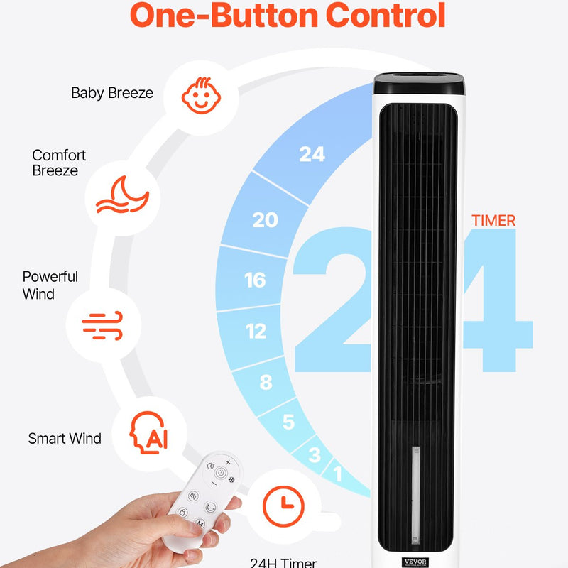 VEVOR 102 cm oscilējošais torņventilators ar 24 stundu taimeri, 7,1 m/s, tālvadības pults vadība