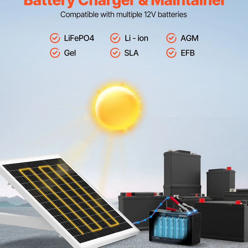 VEVOR 20 W 12 V saules paneļa akumulatora lādētājs ar iebūvētu kontrolieri un staba stiprinājuma kronšteinu, IP65 ūdensizturīgu konstrukciju, piemērots vārtiem, žogiem, saimniecībām un zālieniem (der stabiem ar diametru 40-68 mm)