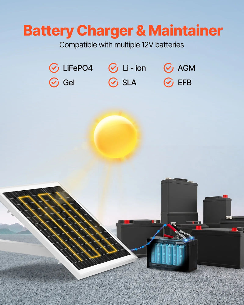VEVOR 20 W 12 V saules paneļa akumulatora lādētājs ar iebūvētu kontrolieri un staba stiprinājuma kronšteinu, IP65 ūdensizturīgu konstrukciju, piemērots vārtiem, žogiem, saimniecībām un zālieniem (der stabiem ar diametru 40-68 mm)