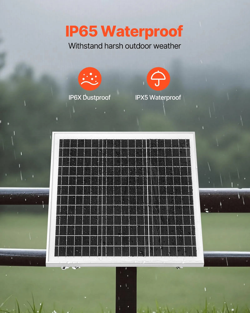 VEVOR 20 W 12 V saules paneļa akumulatora lādētājs ar iebūvētu kontrolieri un staba stiprinājuma kronšteinu, IP65 ūdensizturīgu konstrukciju, piemērots vārtiem, žogiem, saimniecībām un zālieniem (der stabiem ar diametru 40-68 mm)