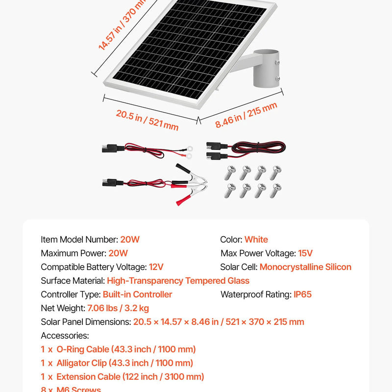 VEVOR 20 W 12 V saules paneļa akumulatora lādētājs ar iebūvētu kontrolieri un staba stiprinājuma kronšteinu, IP65 ūdensizturīgu konstrukciju, piemērots vārtiem, žogiem, saimniecībām un zālieniem (der stabiem ar diametru 40-68 mm)