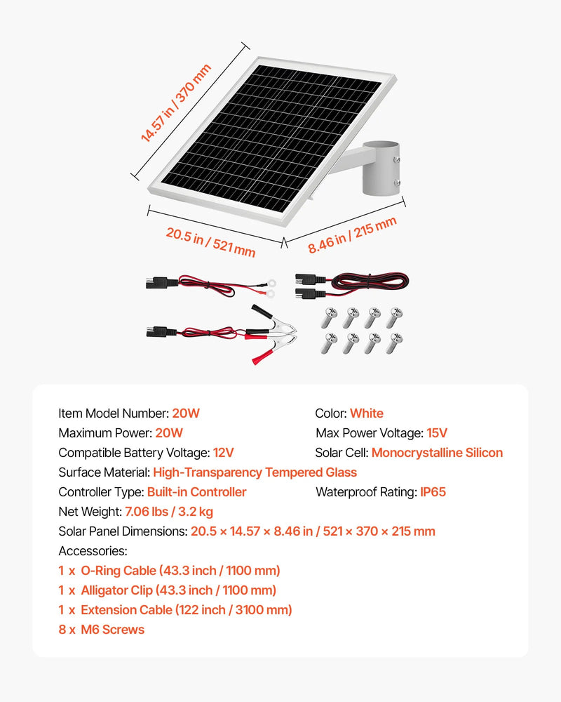 VEVOR 20 W 12 V saules paneļa akumulatora lādētājs ar iebūvētu kontrolieri un staba stiprinājuma kronšteinu, IP65 ūdensizturīgu konstrukciju, piemērots vārtiem, žogiem, saimniecībām un zālieniem (der stabiem ar diametru 40-68 mm)