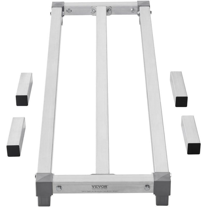 VEVOR alumīnija grīdas uzglabāšanas statīvs, 1220 × 355 mm, augstums no grīdas 203 mm, kravnesība 454 kg, pilnībā metināta konstrukcija, paredzēts lietošanai restorānos, virtuvēs, garāžās un transportlīdzekļos
