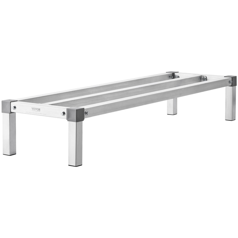 VEVOR alumīnija grīdas uzglabāšanas statīvs, 1220 × 355 mm, augstums no grīdas 203 mm, kravnesība 454 kg, pilnībā metināta konstrukcija, paredzēts lietošanai restorānos, virtuvēs, garāžās un transportlīdzekļos